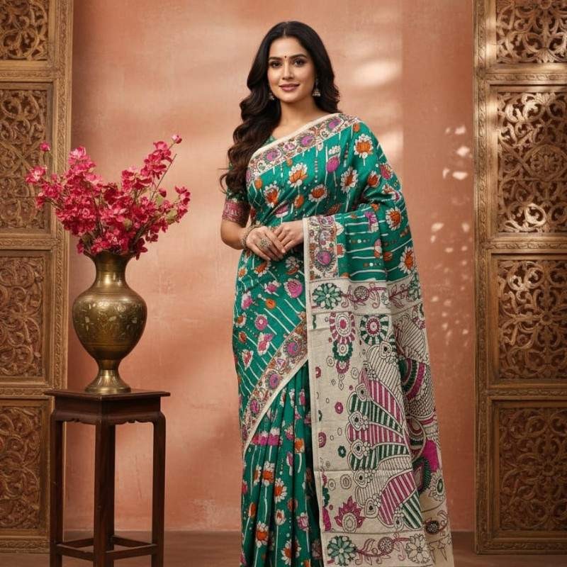 'Kamalatara' Green canvas with Lotus motifs cotton Kalamkari Saree