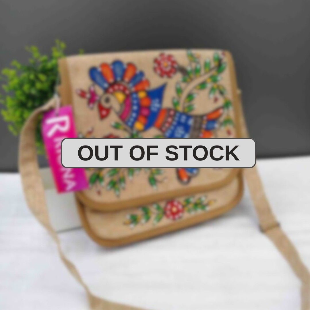 Handpainted Madhubani Jute Round cut Sling Bag - Blue Peacock Design