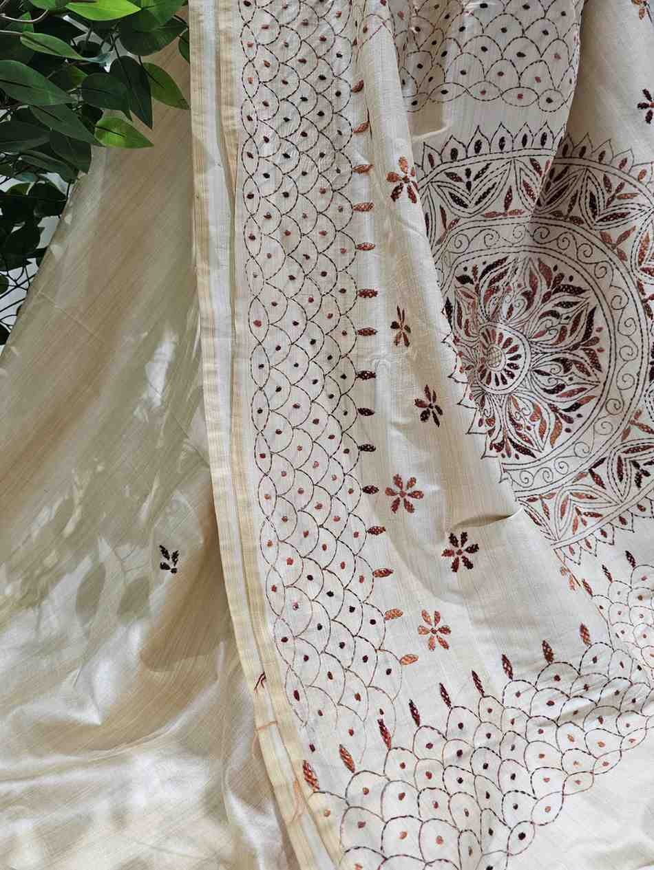 Hand Stitched Fragmented Kadhwa Kantha Saree- Brown