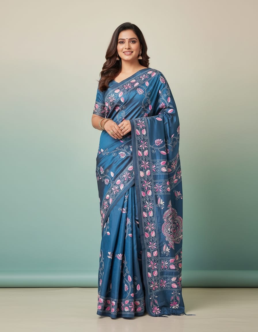 Bangalore Silk Blend Kantha Saree -  Deep Teel With Nakshi Design