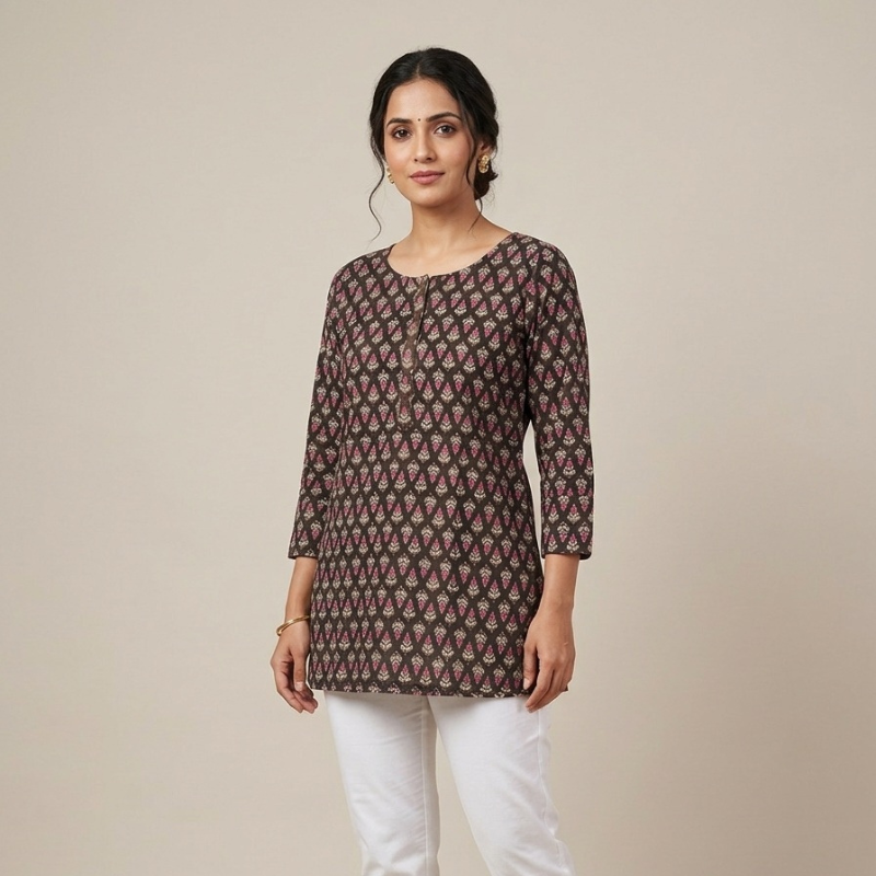 Round Neck Line Ladies Short Kurti