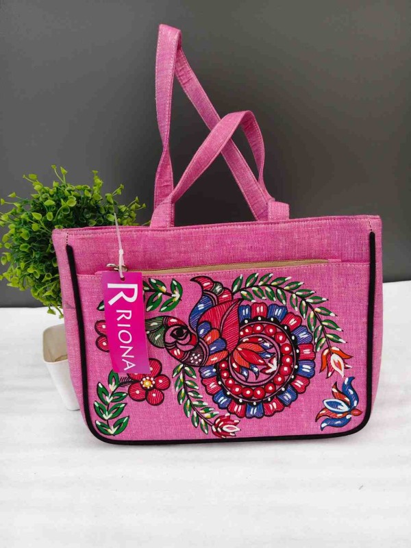 Handpainted Madhubani Double Chain Jute Handbag - Pink