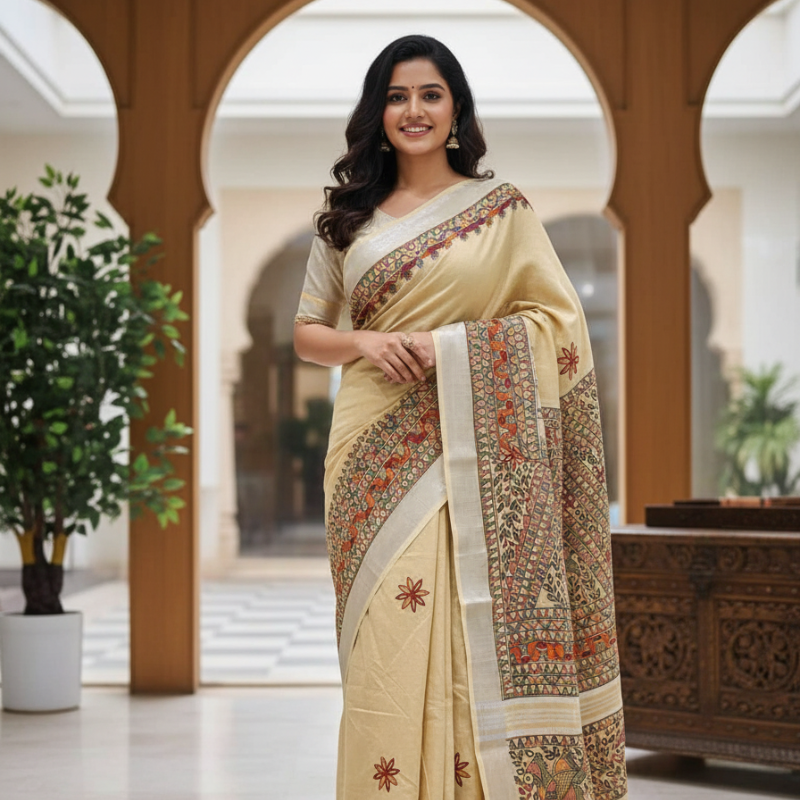 Floral motif Cream hand painted Madhubani blend saree