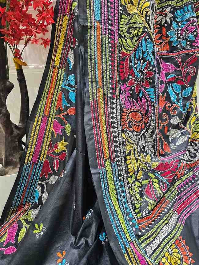 Bangalore Silk Blend Kantha Saree - Black