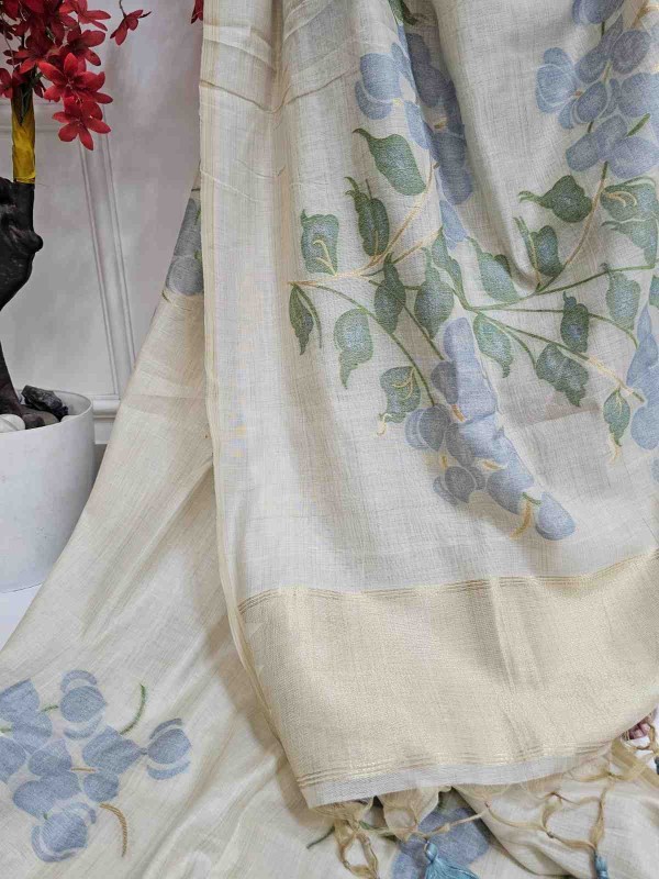 Floral Art Jamdani Saree - off white with blue Motifs