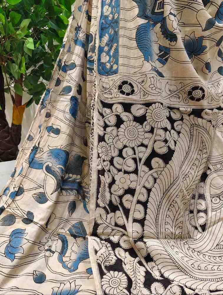 'Gokamalini' Off White canvas cotton Kalamkari Saree