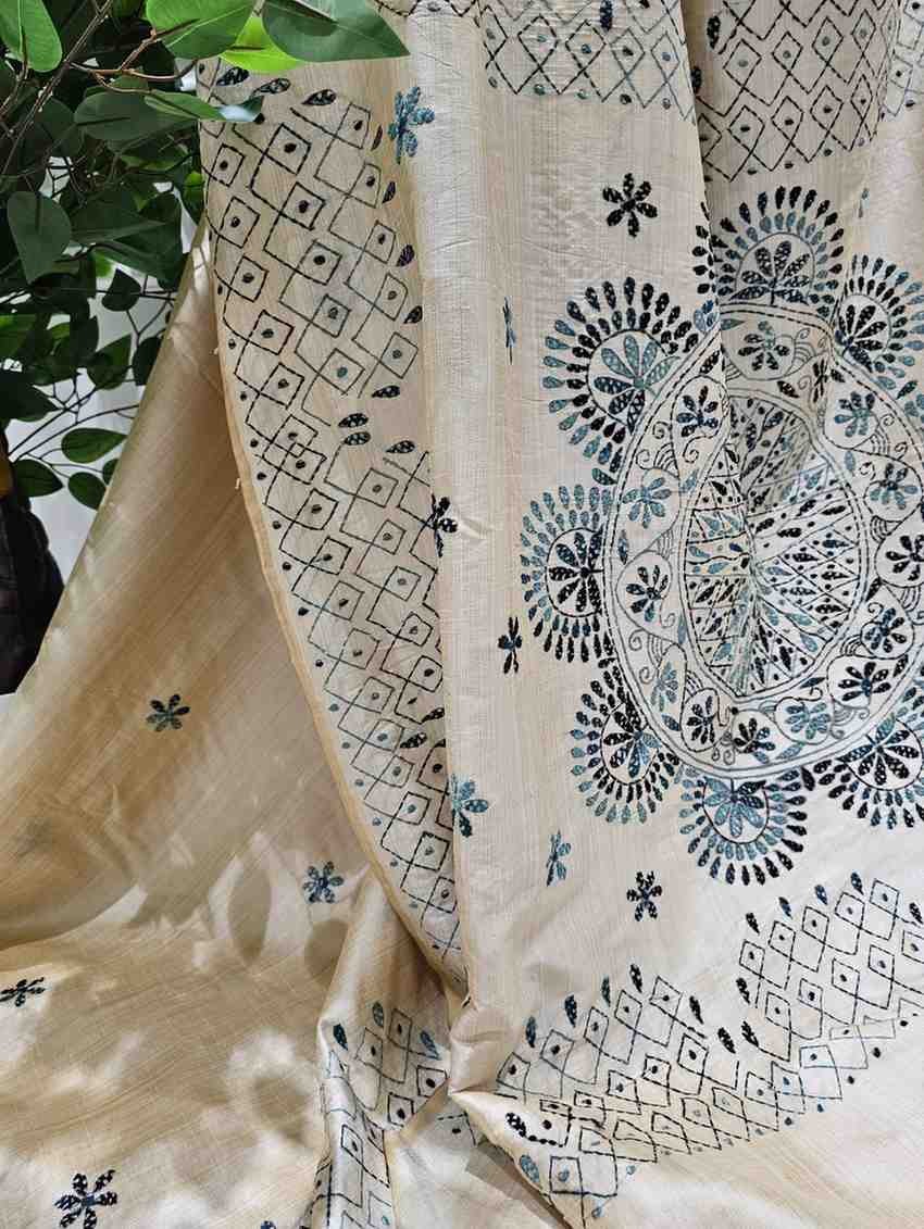Hand Stitched Fragmented Kadhwa Kantha Saree- Grey