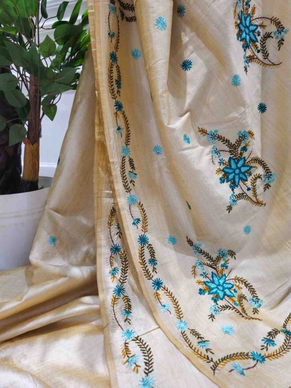 Hand Stitched Nakshi Kantha Saree - Cyan