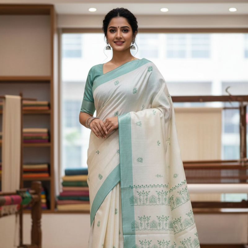 Hand stitched Matka Silk With Rural life Design  - Green