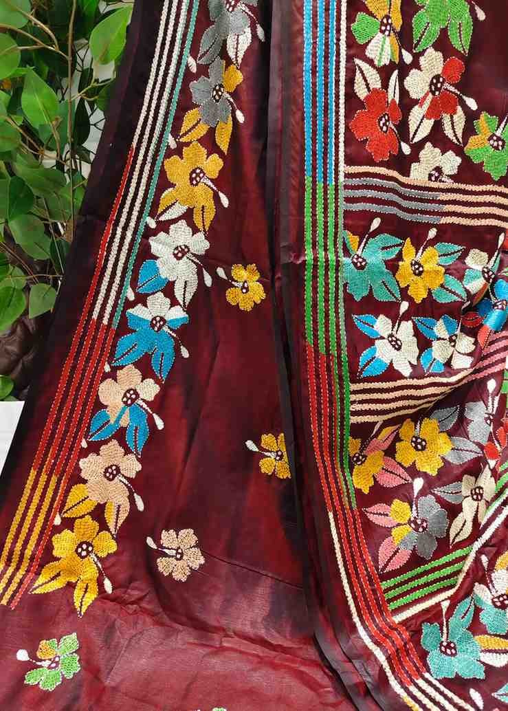 Brown Melody Bangalore Silk Kantha Saree