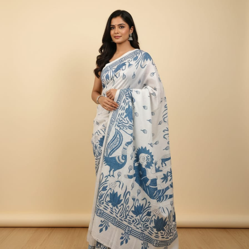 Lotus Lagoon on white Bangalore Silk Kantha Saree