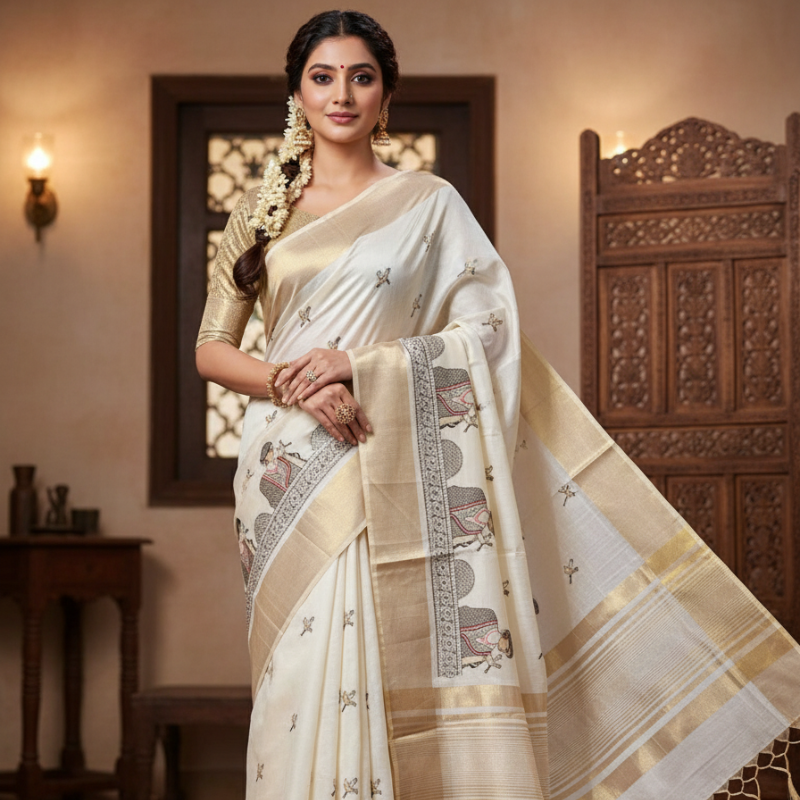 Bird Motif Semi Tussar Saree