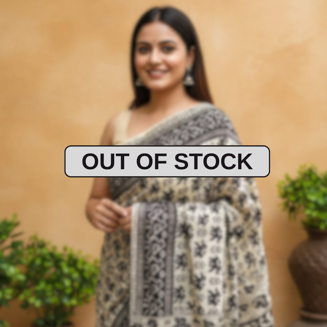 'Gajamudra' Black canvas with Elephant motifs cotton Kalamkari Saree