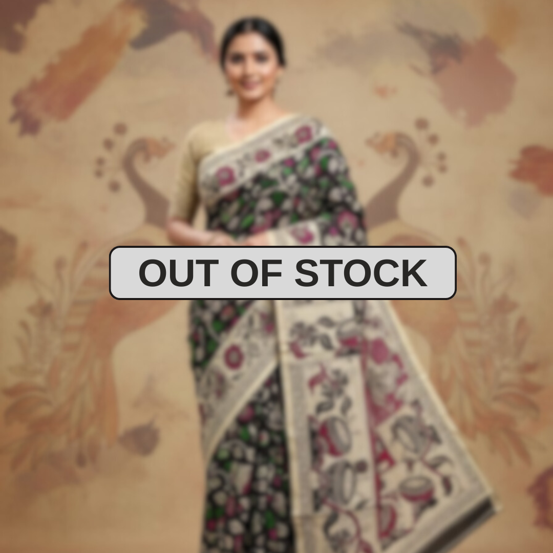 'Mayurmala' Black base with Peacock motifs cotton Kalamkari Saree
