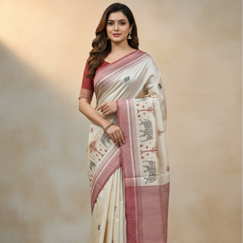 Hand stitched Matka Silk - Elephant Motifs with  Red Border