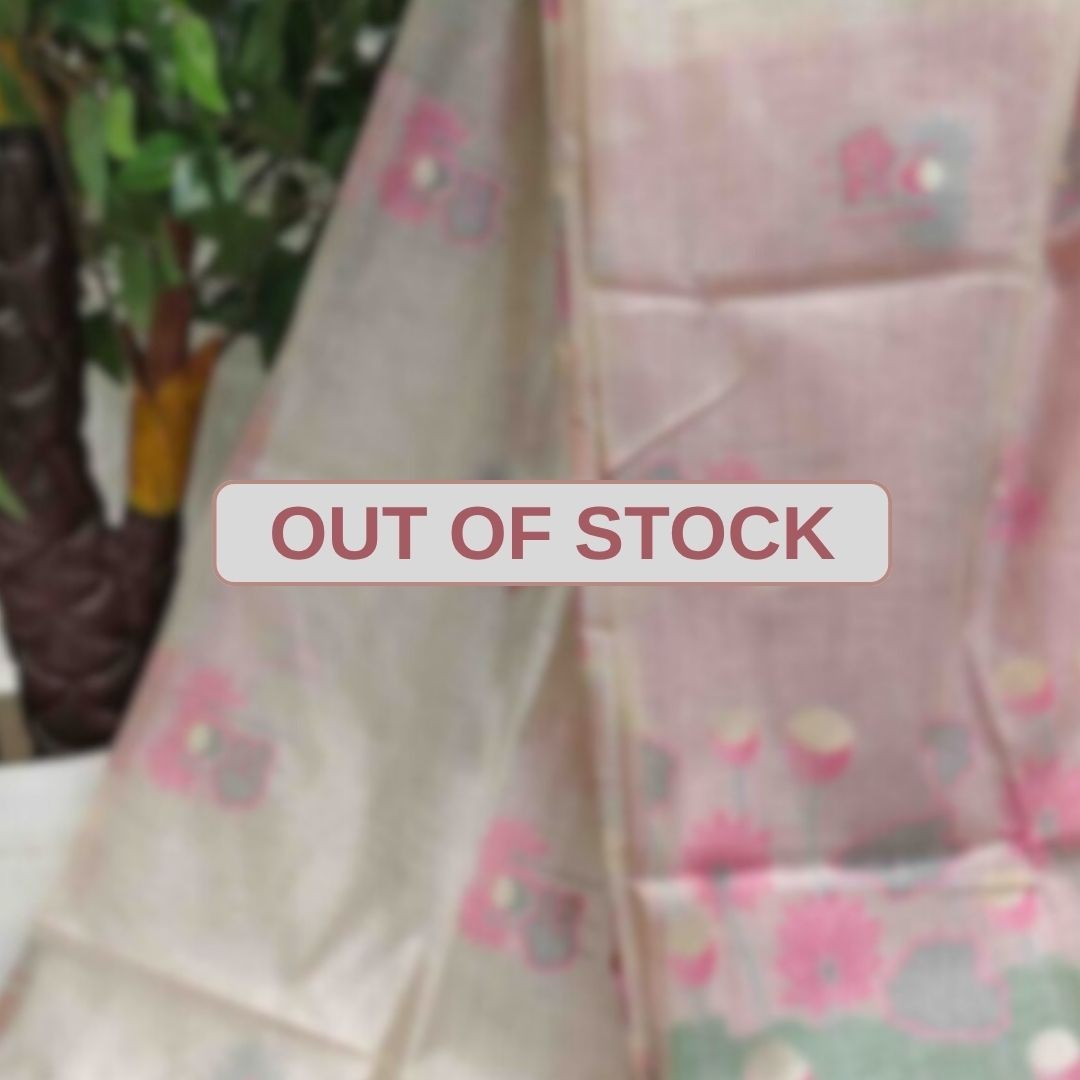 Floral Art Muga Jamdani Saree - off white with Pink Blossom