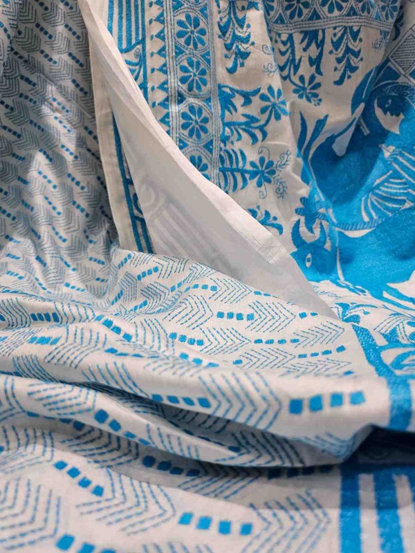 Pure Silk Blue-Stitch Hand embroidered Bengal Kantha