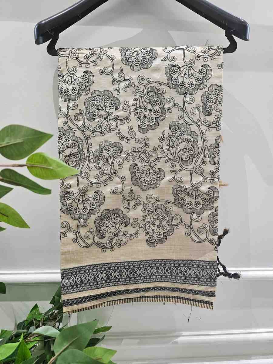 Black Thread Work Tussar Silk Saree - Floral Motifs