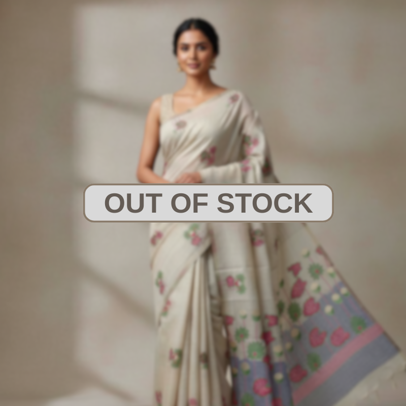 Floral Art Muga Jamdani Saree - off white with Pink Blossom