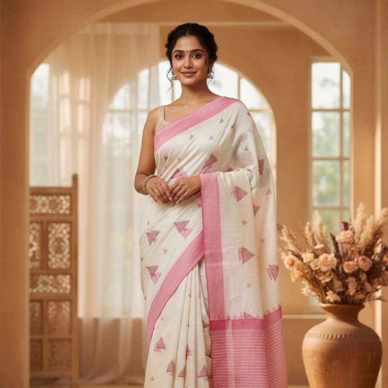 Hand stitched Matka Silk With Pyramid Design- Pink