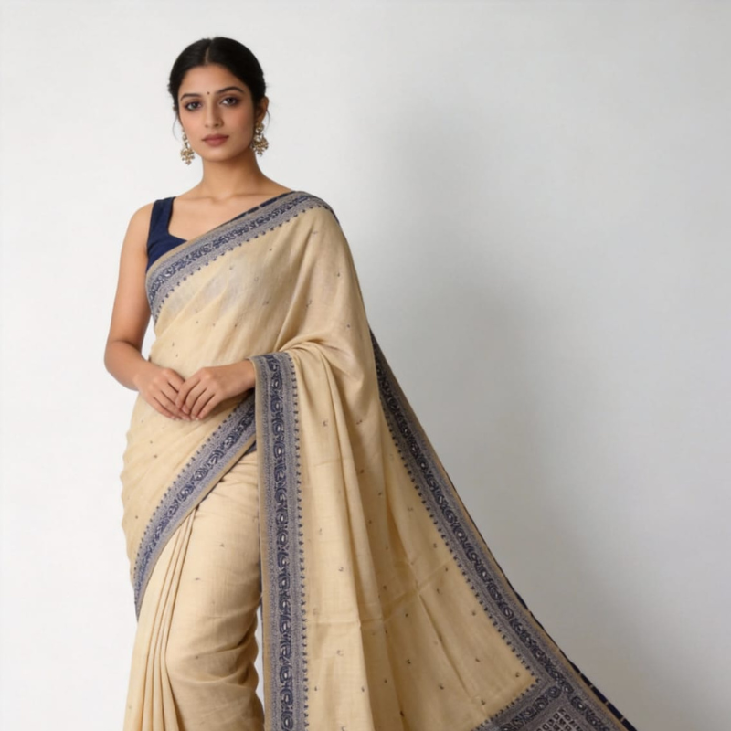 Floral Art Muga Jamdani Saree -  Beige with Blue Flower Design