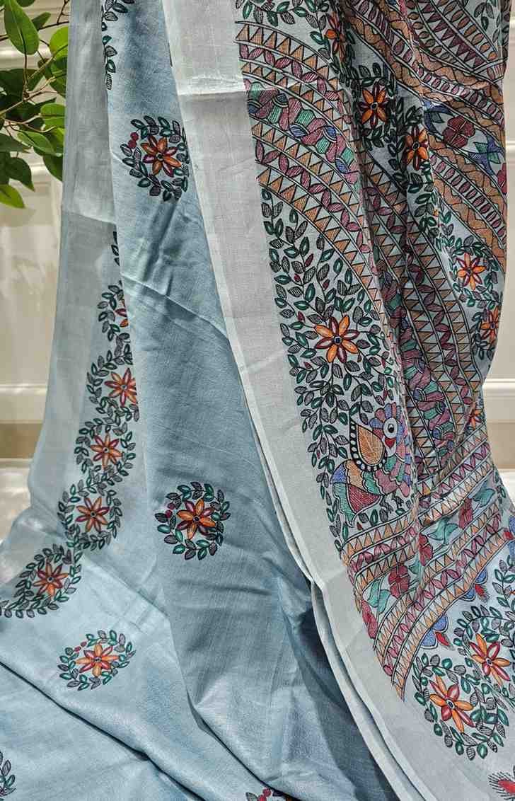 Floral motifs greyish blue Hand painted madhubani blend saree