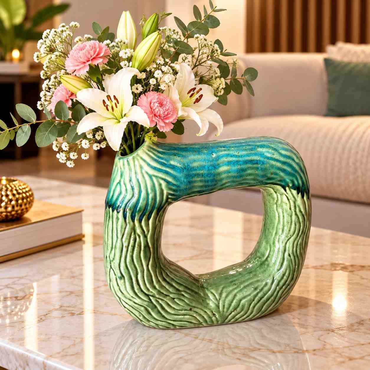 Modern Textured Ceramic Loop Flower Vase | Teal & Sage Green Abstract Donut Vase for Living Room, Dining Table & Centerpiece Home Decor
