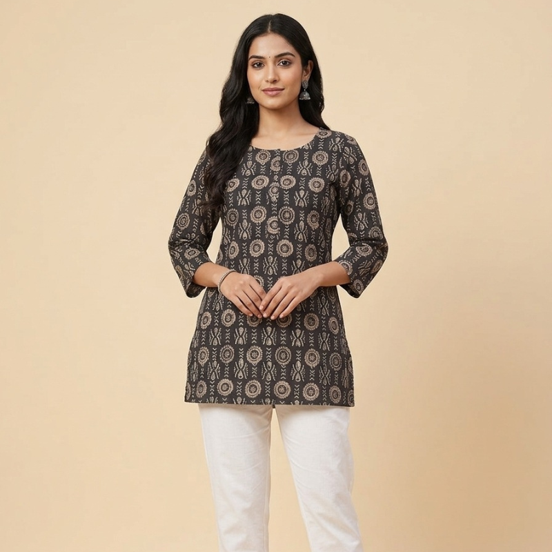 Round Neck Line Ladies Short Kurti