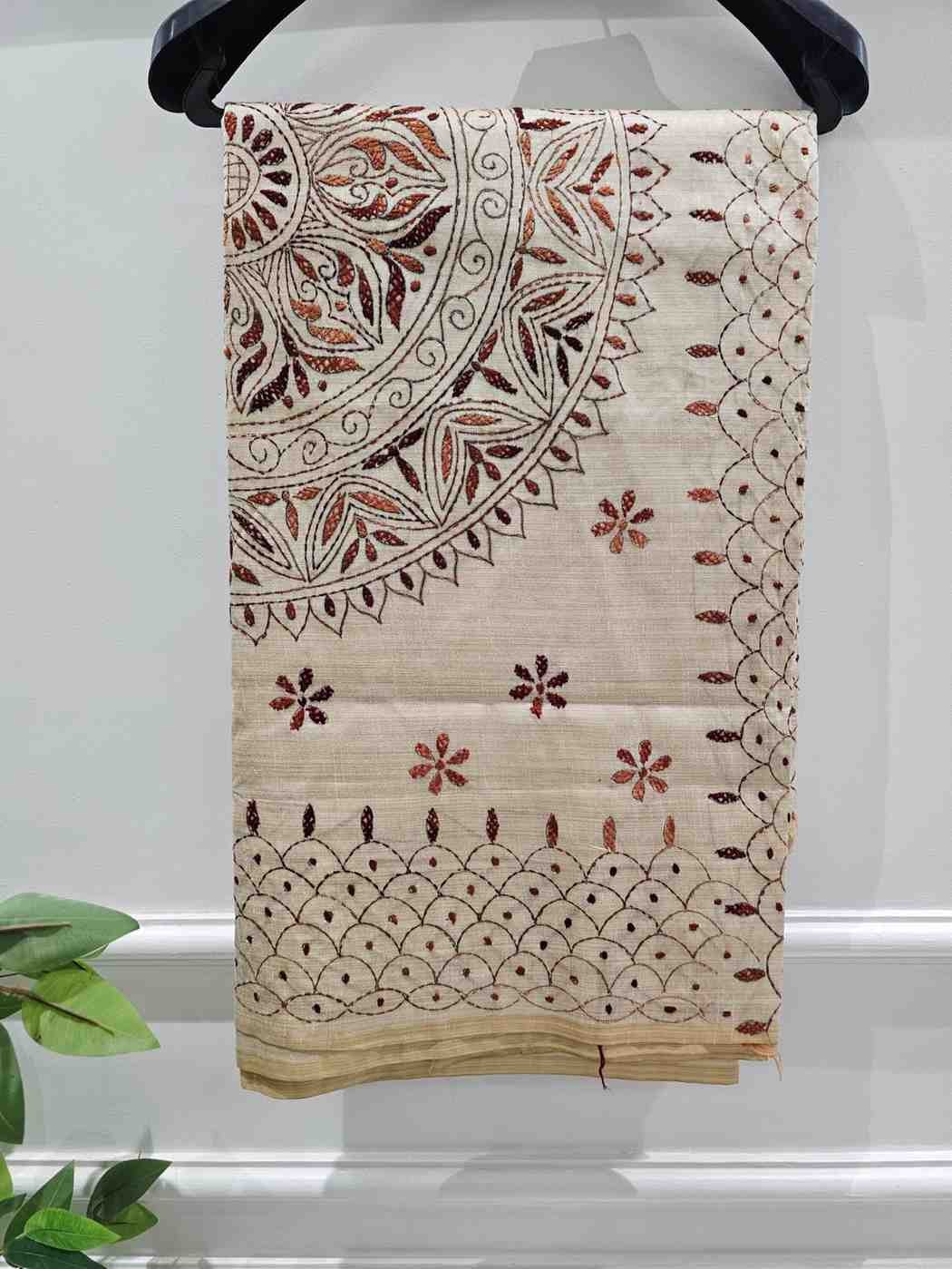 Hand Stitched Fragmented Kadhwa Kantha Saree- Brown