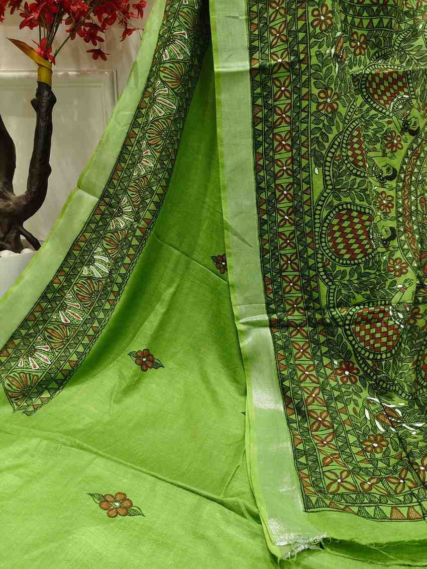 'MadhuNritya' Forest Green Hand Painted Madhubani Blend Saree
