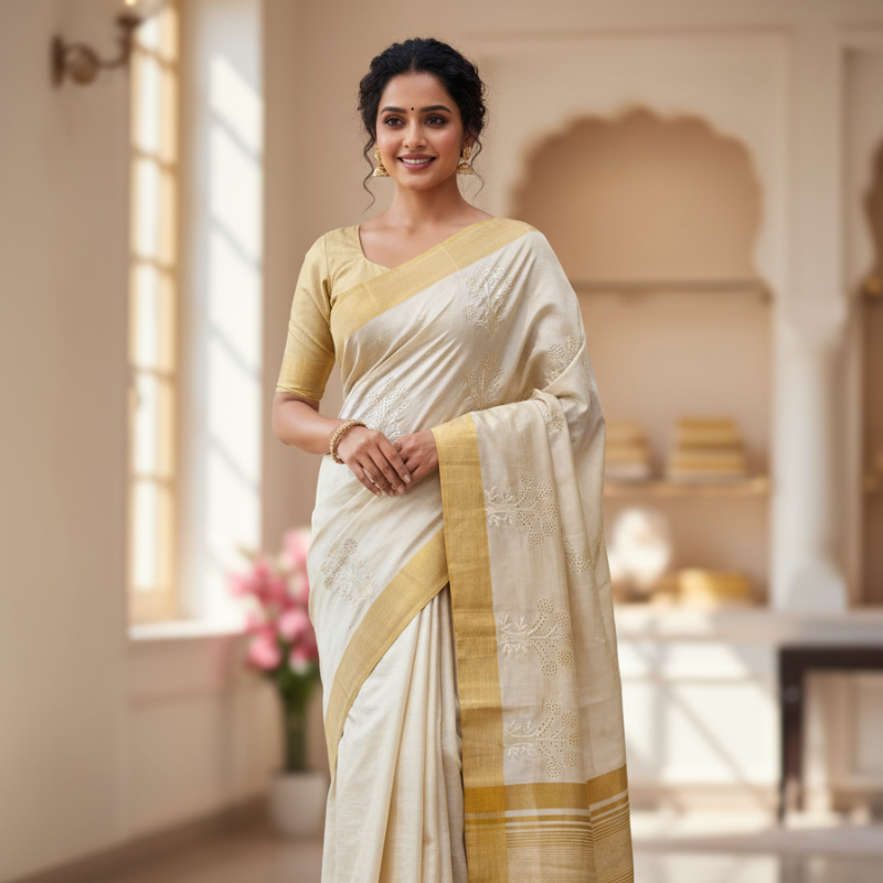 Odisha Special Matka Silk with Golden Border - Dotted Tree Design