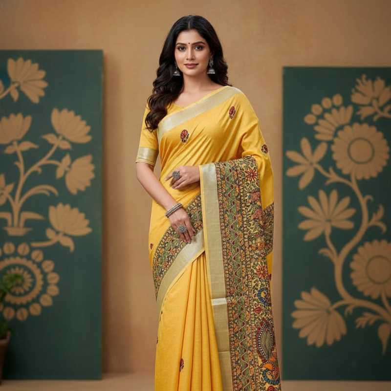 'Kanak Mayuri' Hand painted Madhubani Blend Saree