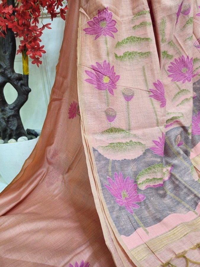 Floral Art Jamdani Saree - Light peach with Pink Lotus Motifs
