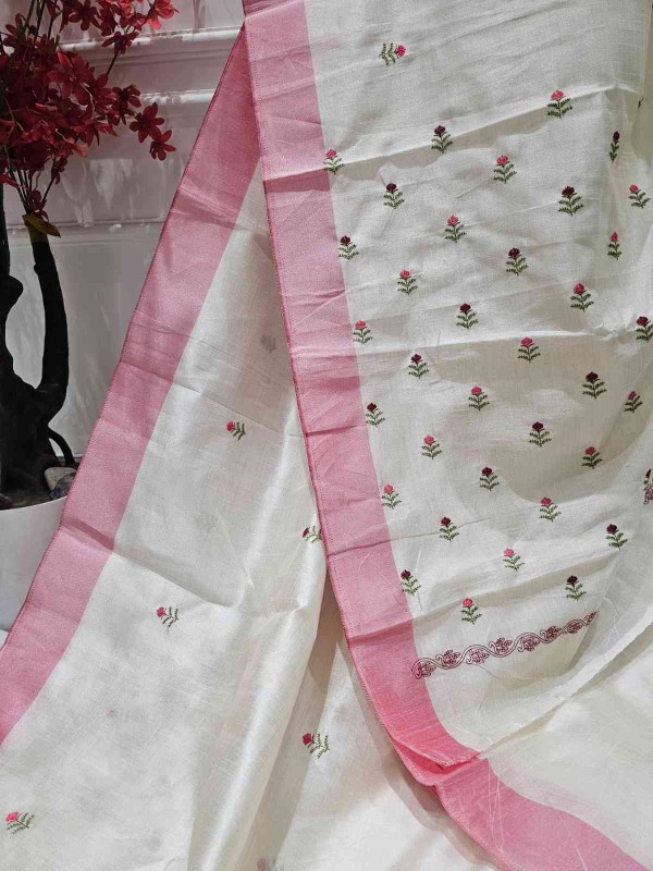 Hand stitched Matka Silk With Rose Design - Pink, Green, Red