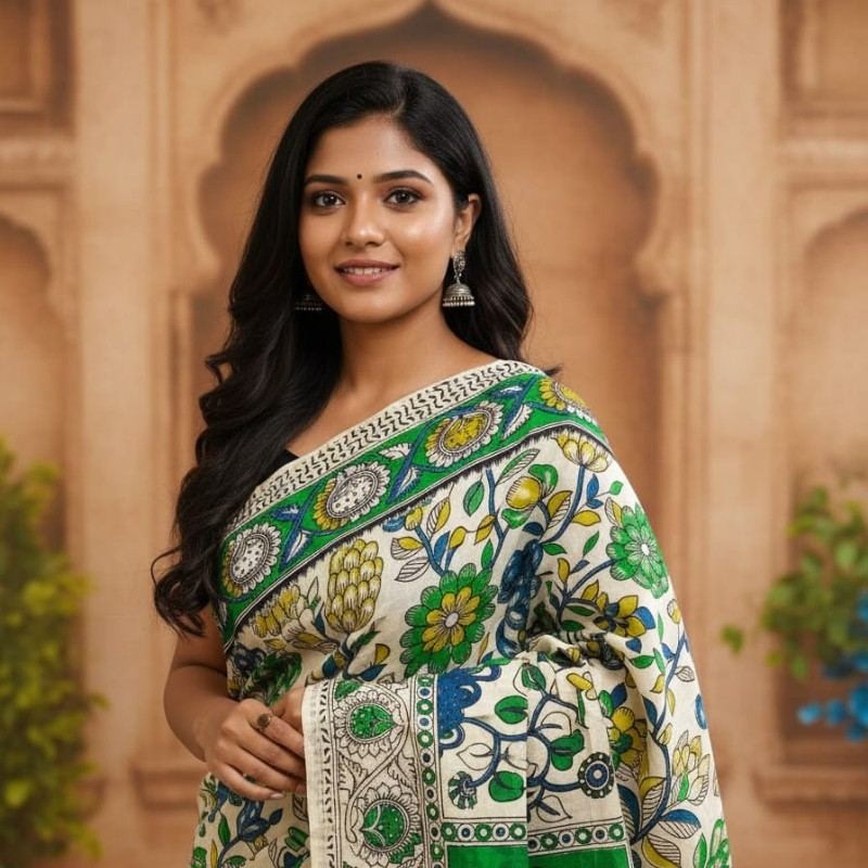 'Nilatarangini' Off White with Floral and Climber design cotton Kalamkari Saree