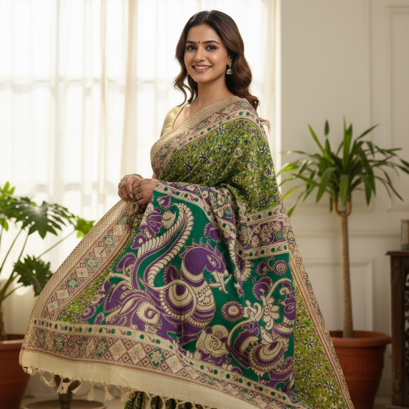 'Sugandhika' Light Green canvas cotton Kalamkari Saree
