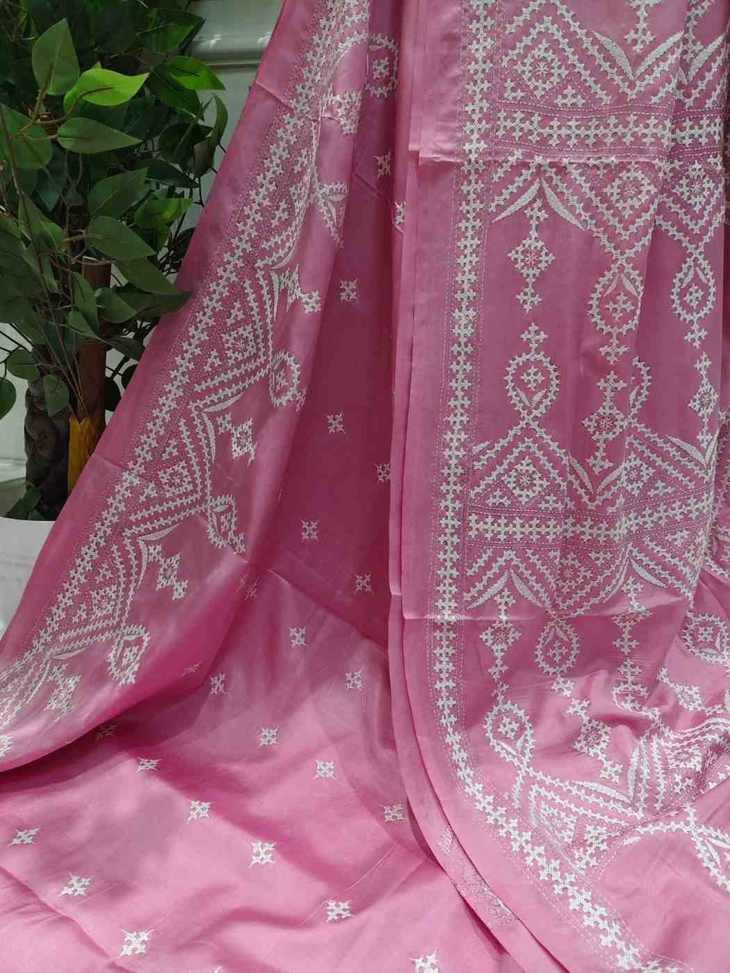 Pastel Pink Threads Bangalore Silk Kantha Saree