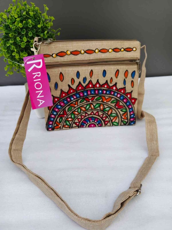 Handpainted Madhubani Jute Small Sling Bag - Mandala Design
