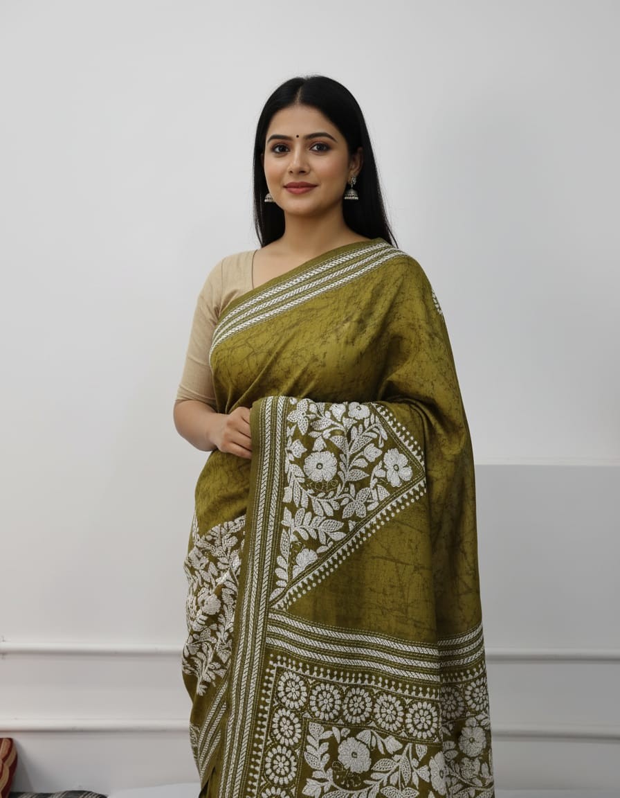 Bangalore Silk Kantha Saree - Olive Green