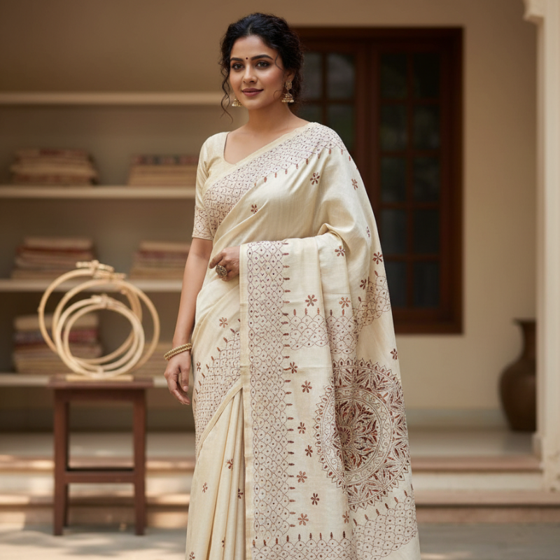 Hand Stitched Fragmented Kadhwa Kantha Saree- Brown