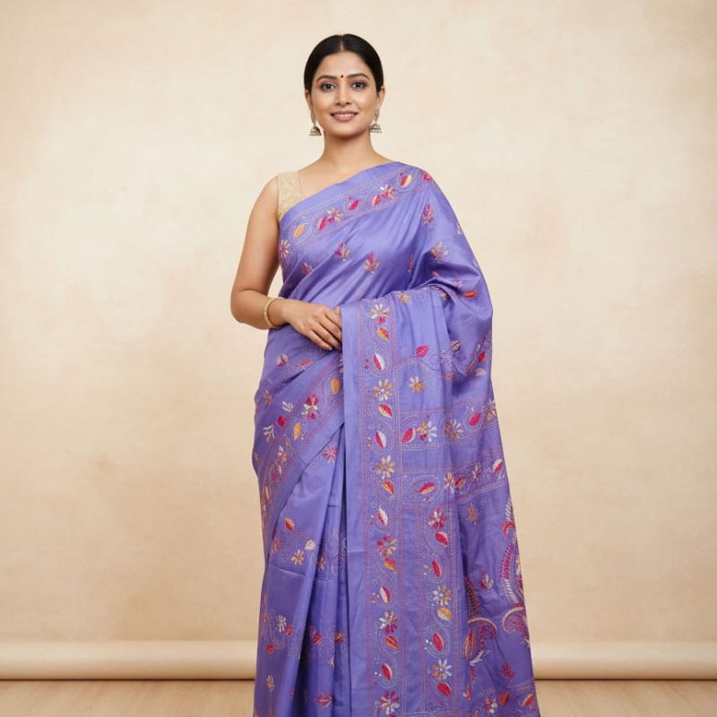 Bangalore Silk Blend Kantha Saree-  Lavender with Red and Yellow Color Design
