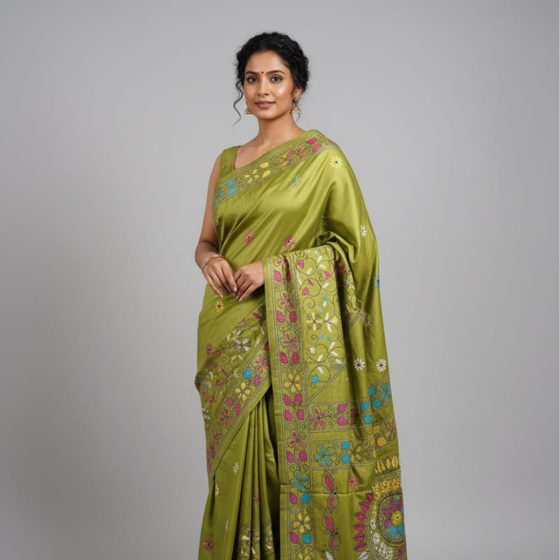 Bangalore Silk Blend Kantha Saree- Olive Green