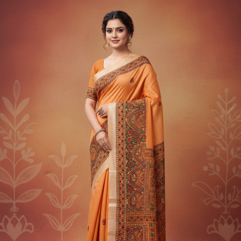 'KesariMayura' Orange hue Hand Painted Madhubani Blend Saree
