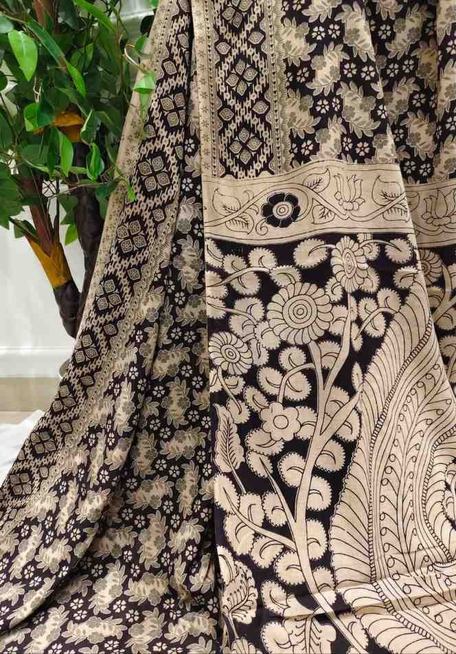 'Tamravallika' off White canvas with Black design cotton Kalamkari Saree