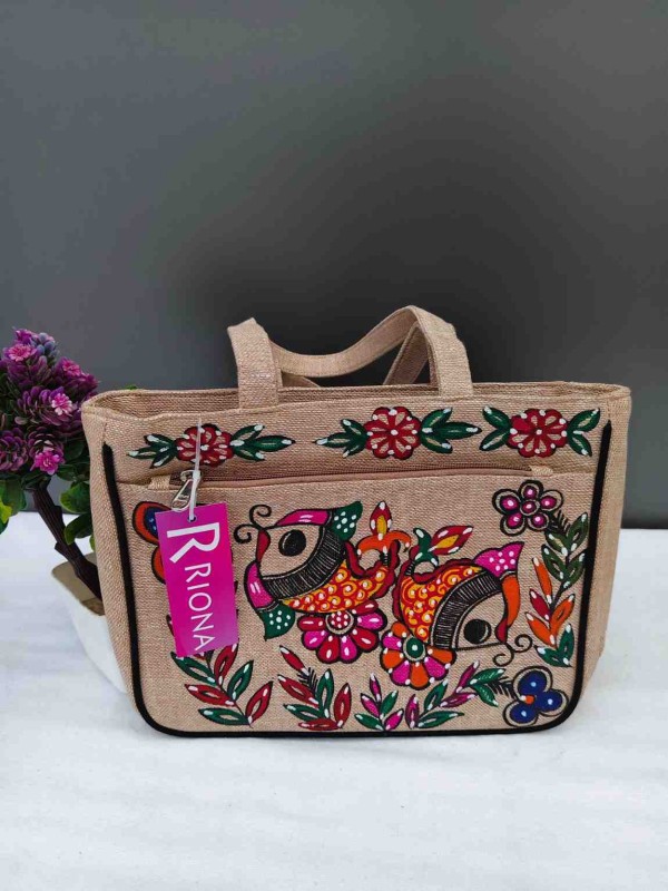 Handpainted Madhubani Double Chain Jute Handbag - Khaki
