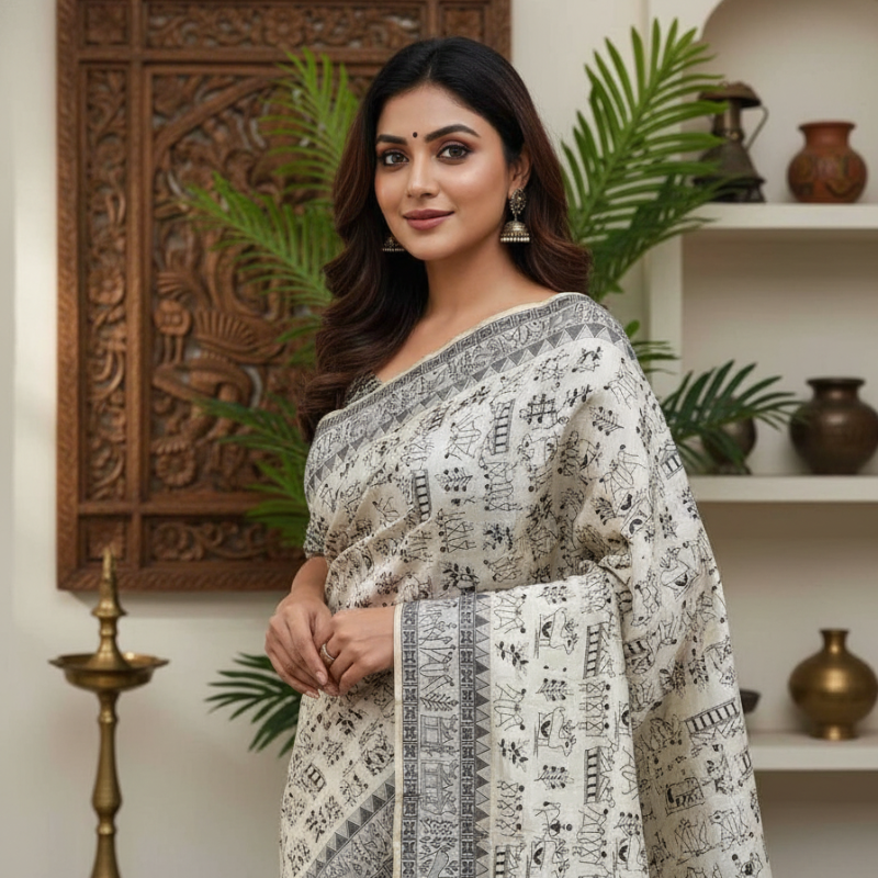 Black Thread Work Tussar Silk Saree - Warali Motifs