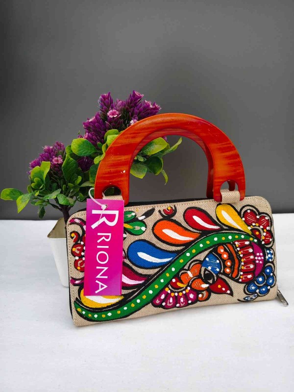 Handpainted Madhubani Jute Bag With Wooden handle - Pakshi  Design