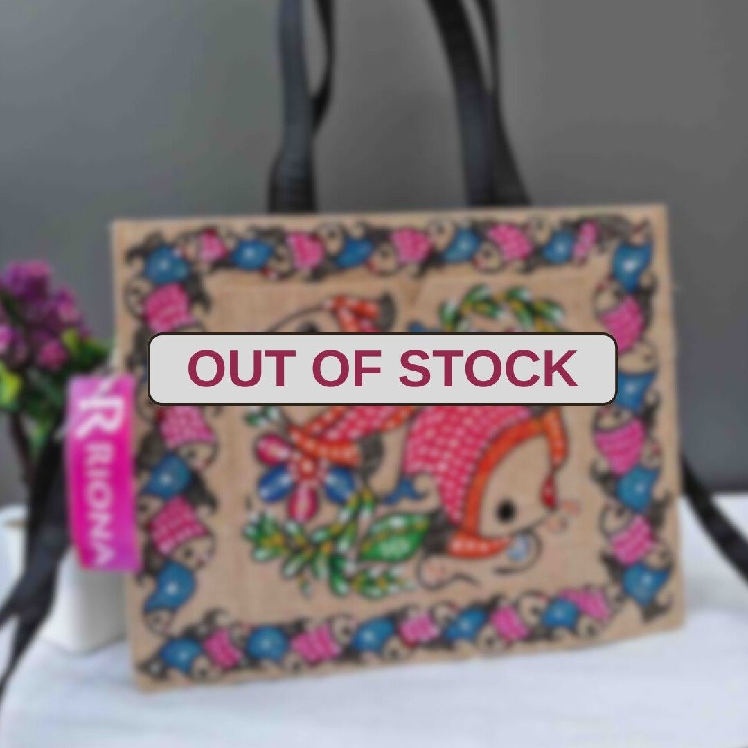 Handpainted Madhubani Box Tote Jute Bag - Twin Fish Design