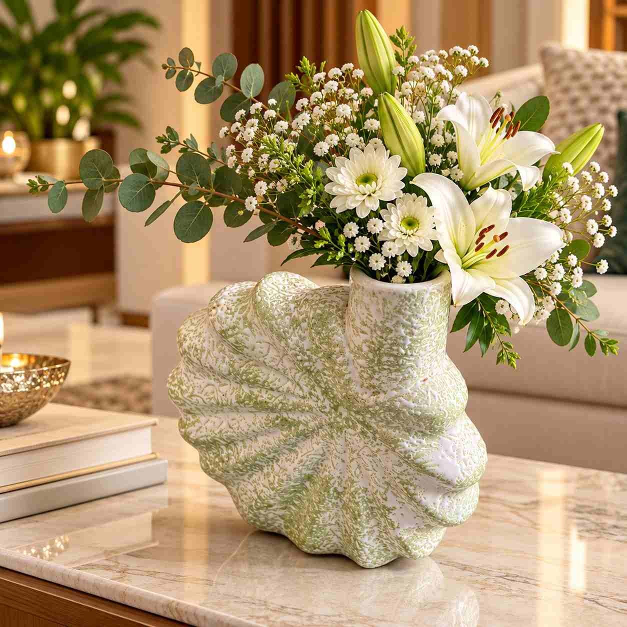 Modern Textured Nautilus Seashell Ceramic Flower Vase | Sage Green & White Ocean-Inspired Table Decor for Living Room, Dining Table & Centerpiece
