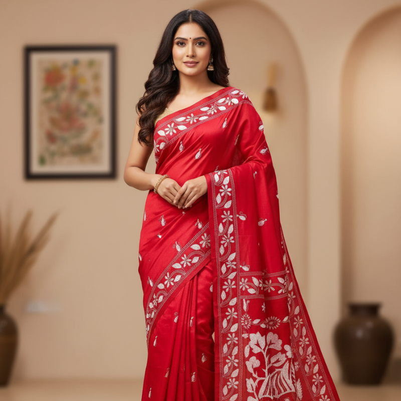 Bangalore Silk Kantha Saree - Red